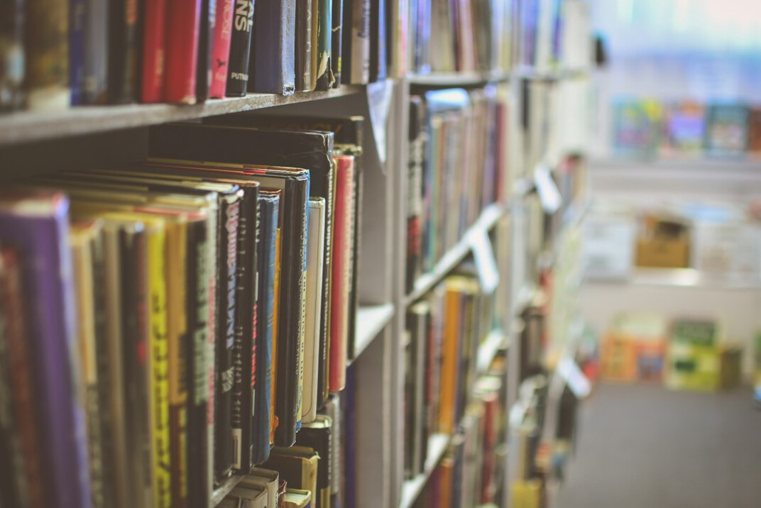 Library shelves seen from a low angle